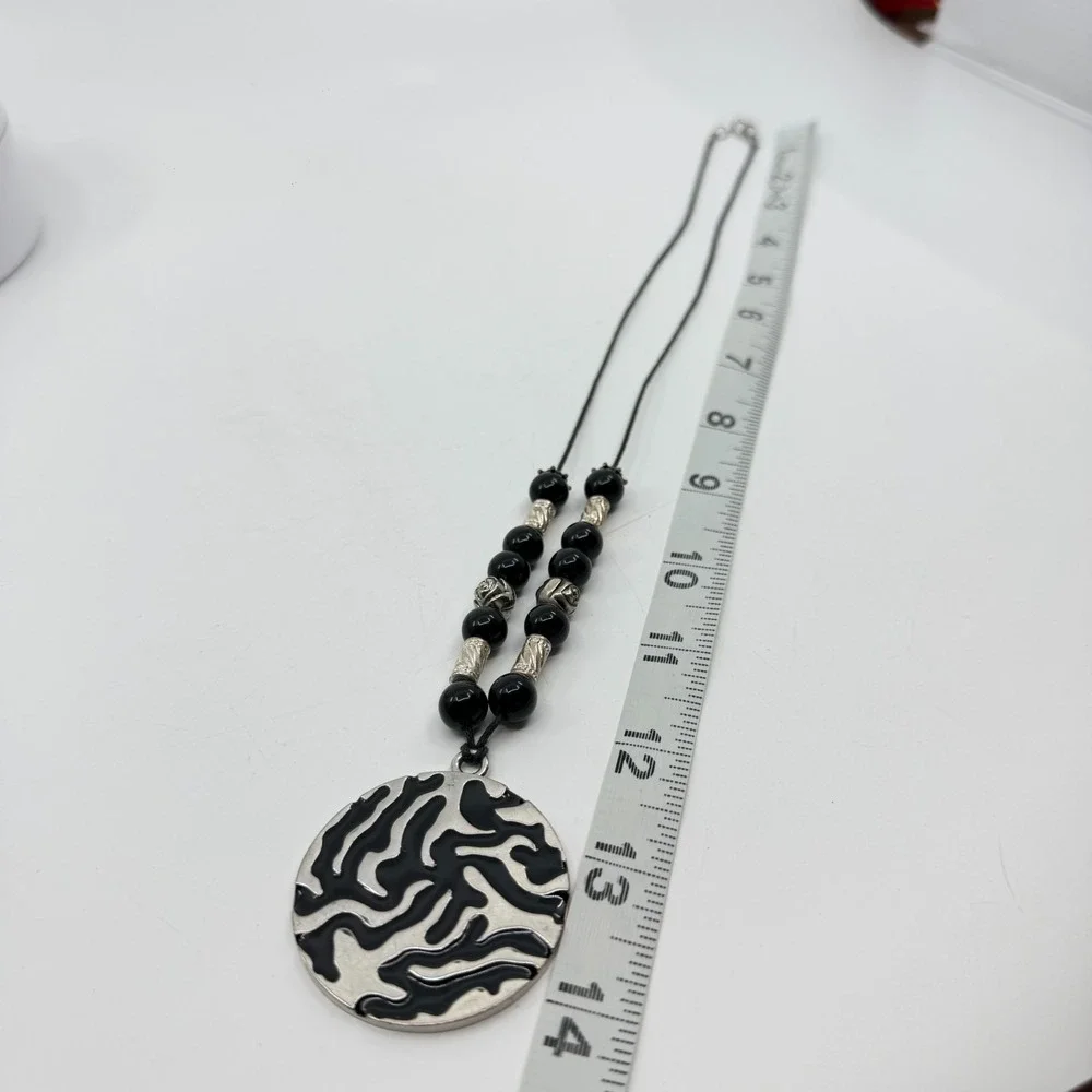 Black Silver Tone Abstract Swirl Disc Pendant Beaded Necklace Boho Statement